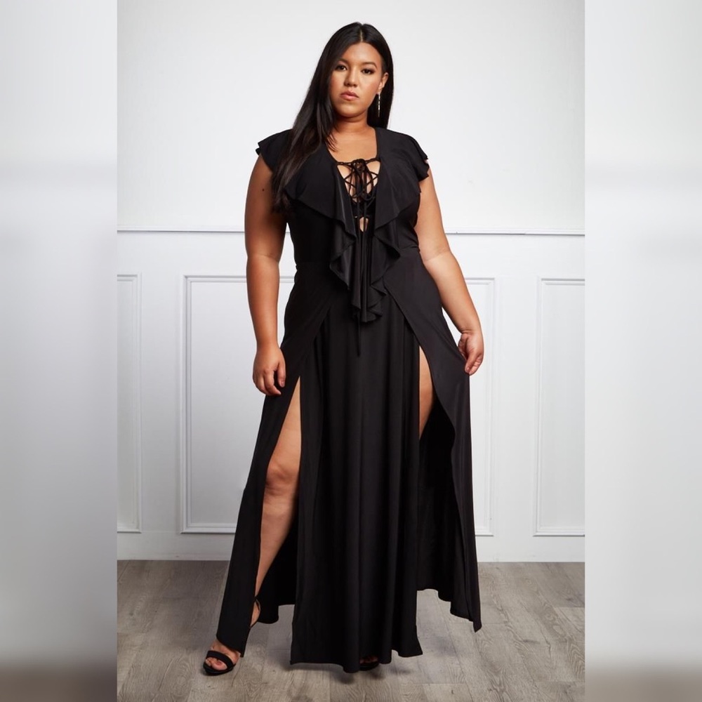 Plus Size - Ruffled Front Double Split Maxi Dress